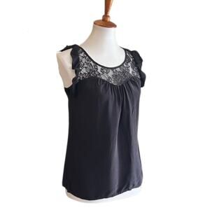Y2K Black Silk Sleeveless Blouse – Lace Yoke & Ruffle Trim – Size S